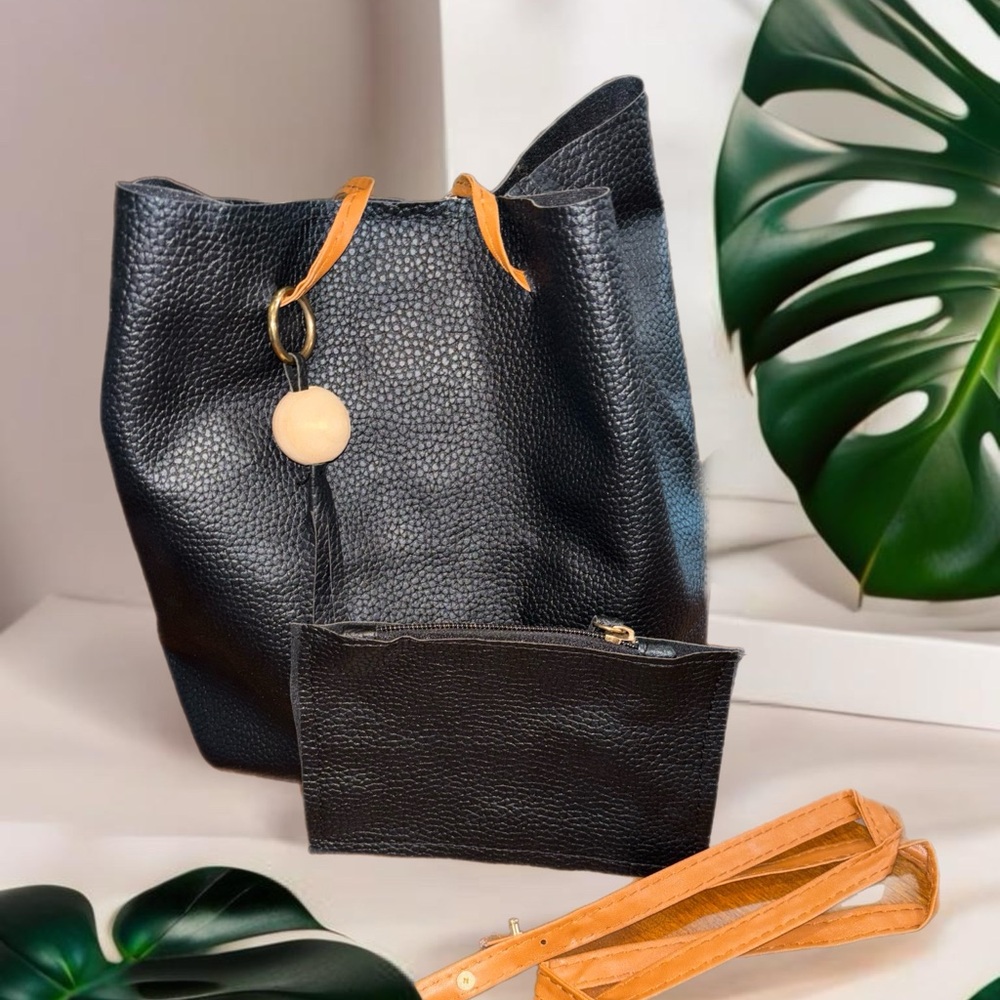 Black Vegan Leather Bucket Bag With Brown Straps And Matching Pouch